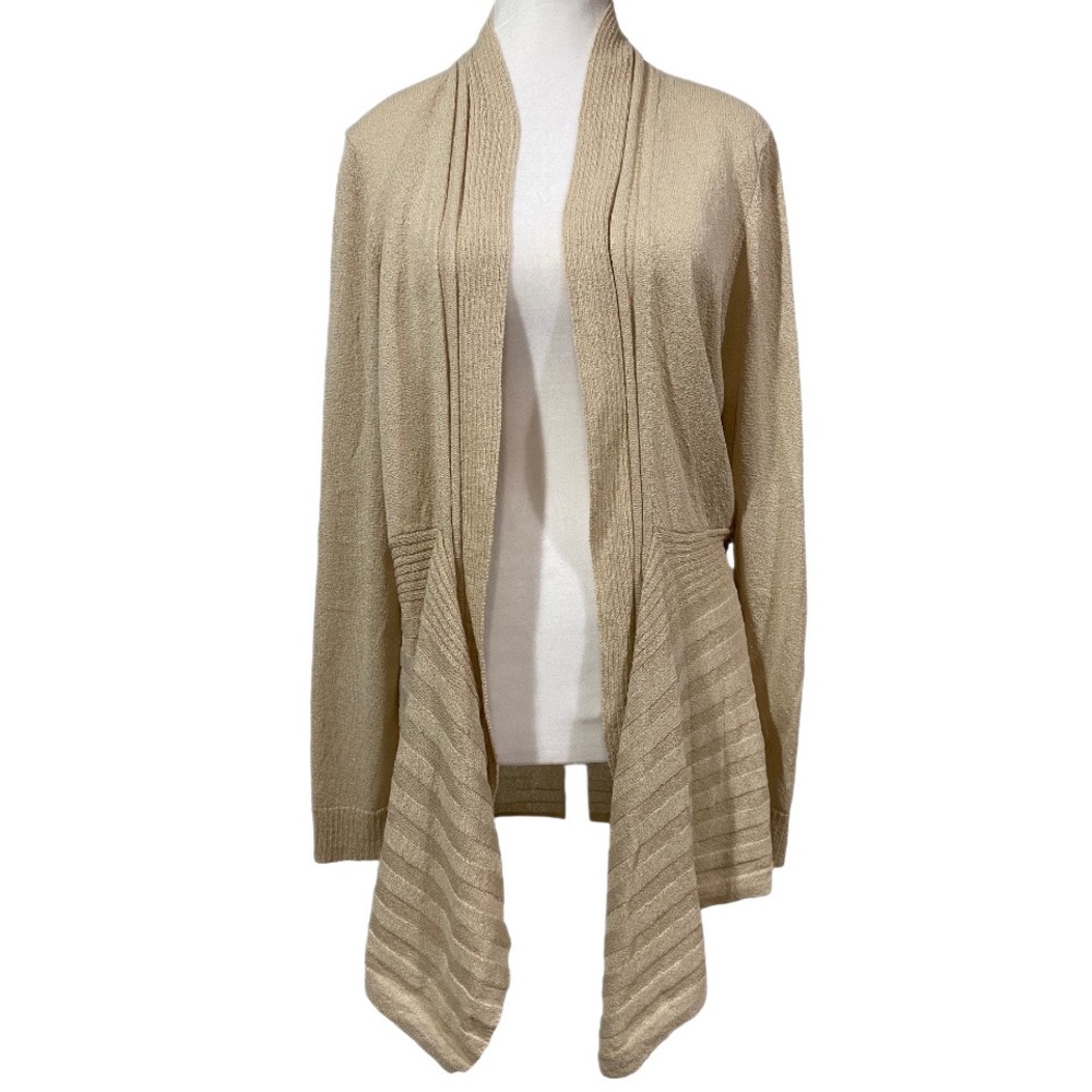 Pointelle Women’s Open Front Beige Long Sleeve Cardigan Fly Away Hemline Size XL